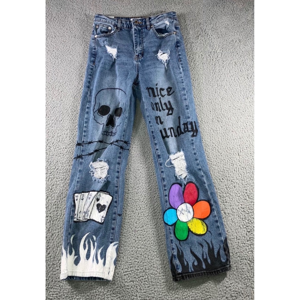 Custom Graffiti Painted Skull Flower Flames Jeans Women 25x28 Jrs 1 Grunge Flare